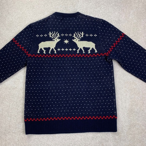 FLAW J.Crew Sweater Mens M Navy Blue Lambswool Reindeer Snowflake Fair Isle - Picture 8 of 14